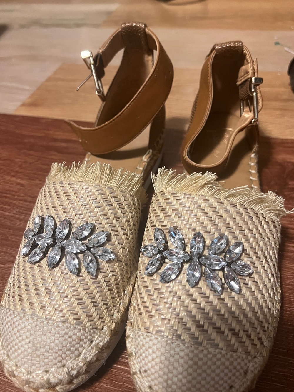 Crown Vintage Tan Raffia Espadrille Sandals with Crystal Leaf Accent